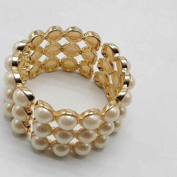 Gold Tone Stretch Bracelet With Faux Pearls By Chicos - Picture 3 of 5